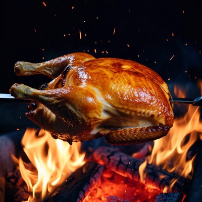 Roasted Chicken on Spit over Fire
