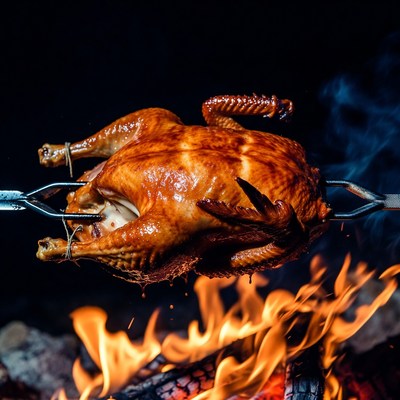 Roasted Chicken on Spit over Fire