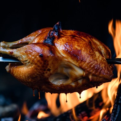 Roasted Chicken on Spit over Flames