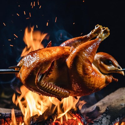 Roasted Chicken on Spit over Fire