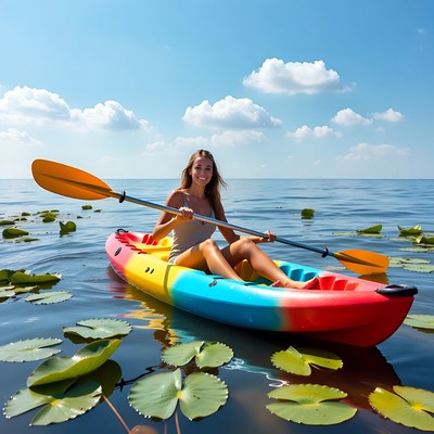 Woman kayaking through water lilies