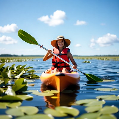Woman kayaking through lily pads