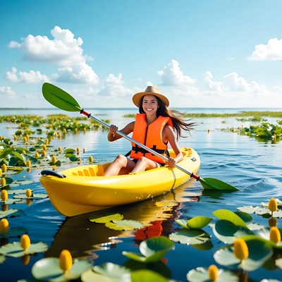 Woman kayaking through lily pads