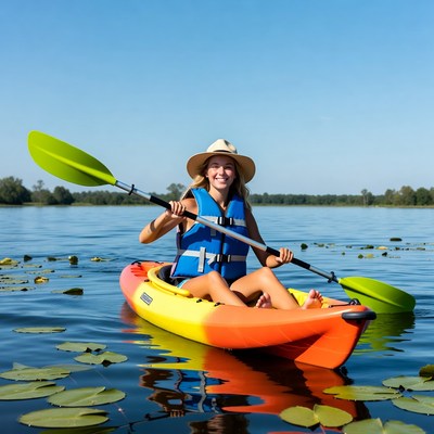 Woman kayaking on lake with paddle