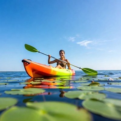 Woman paddling orange kayak in water lilies