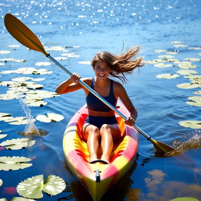 Woman paddling kayak in lily pads