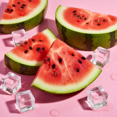 Fresh watermelon slices with ice cubes