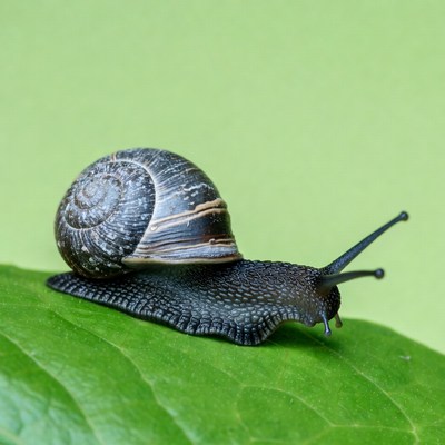Black snail on green leaf