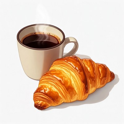 Croissant and steaming coffee cup