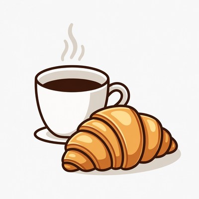 Croissant and steaming coffee cup