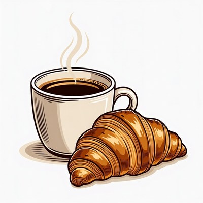Croissant and steaming coffee cup