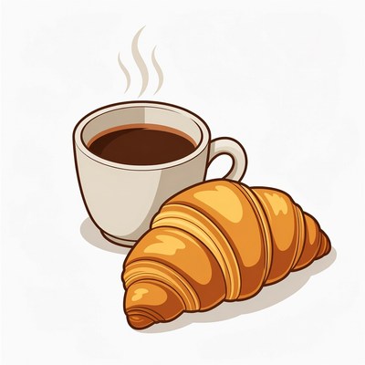 Croissant and steaming coffee cup