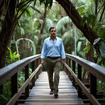 Man walking on jungle wooden bridge