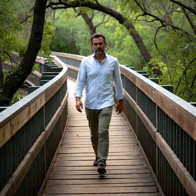Man walking on wooden footbridge