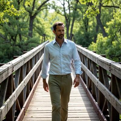 Man walking on wooden bridge in forest