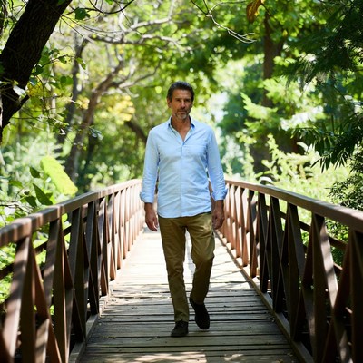 Man walking on wooden bridge in forest