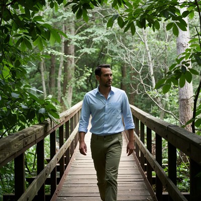 Man walking on wooden bridge in forest