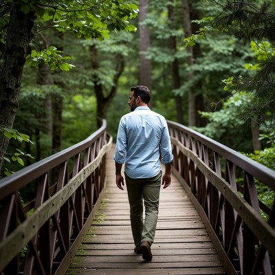Man walking on forest bridge
