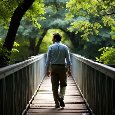 Man walking on wooden bridge in forest