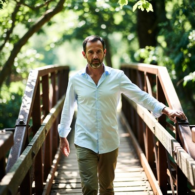 Man standing on wooden bridge in forest