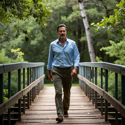 Man walking on wooden bridge in forest