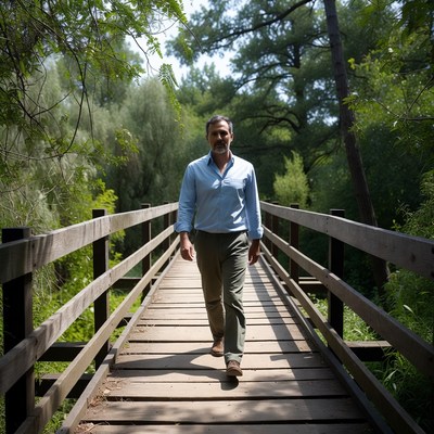Man walking on wooden bridge