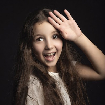 Girl waving hand surprised expression