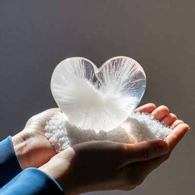 Hands holding ice heart crystal
