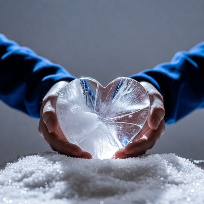 Hands holding ice heart on snow