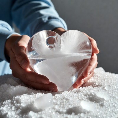 Hands holding ice heart sculpture
