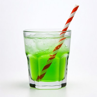 Green fizzy drink with red striped straw