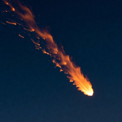 Bright fiery meteor streaking across night sky