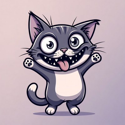 Cartoon gray cat with crazy expression