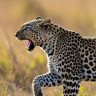 Leopard roaring in savanna grass