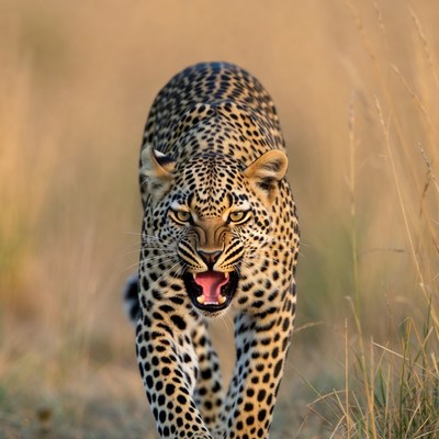 Roaring Leopard in Tall Grass