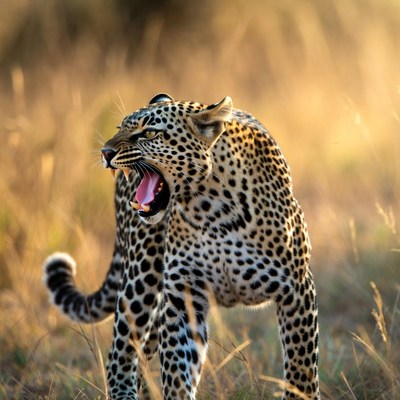Roaring Leopard in Grass