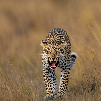 Roaring Leopard in Tall Grass