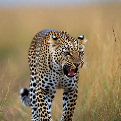 Leopard roaring in tall grass