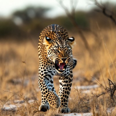 Leopard roaring in dry grass