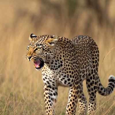 Leopard roaring in dry grass