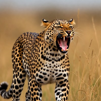 Roaring Leopard in Tall Grass