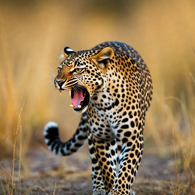 Roaring Leopard in Grass