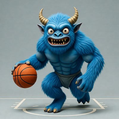 Blue furry yeti dribbling basketball