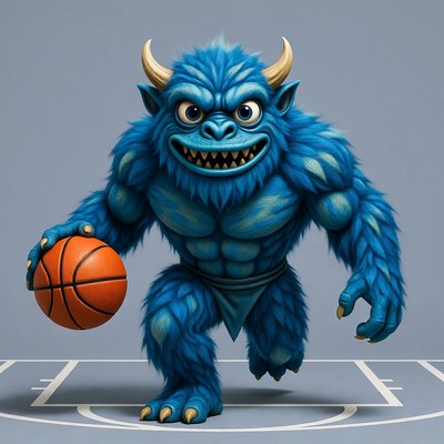 Blue furry monster holding basketball