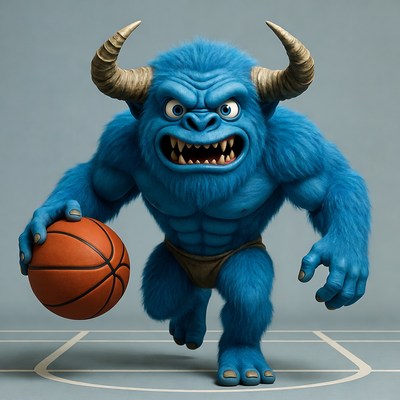Blue furry monster dribbling basketball