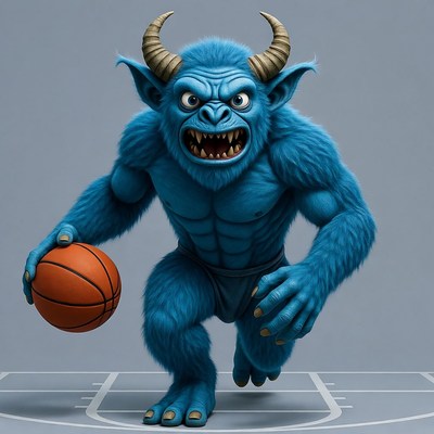Blue furry demon holding basketball