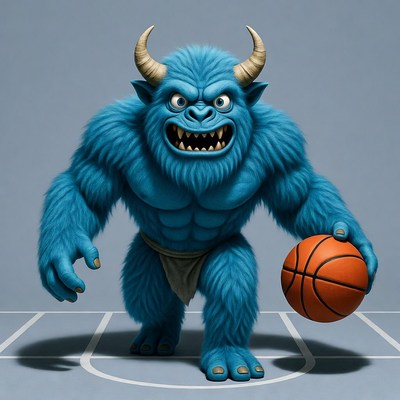 Blue furry ogre holding basketball
