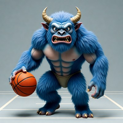 Blue furry yeti holding basketball