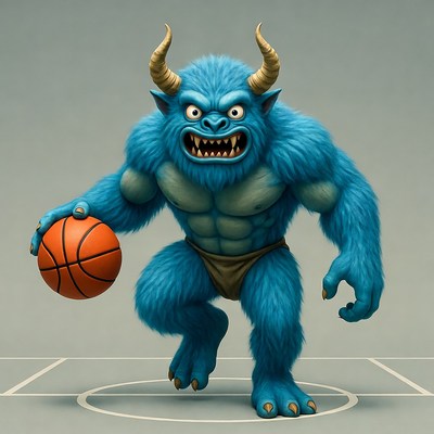 Blue furry demon holding basketball