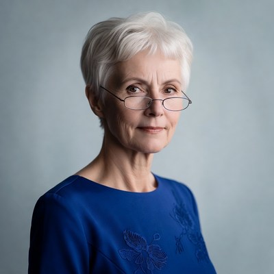 Elderly woman with short white hair
